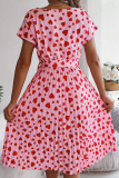 Spring And Summer Casual Contrast Color Heart Short Sleeve Waist Pleated Dress