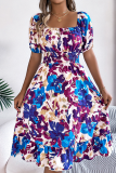 Casual Floral Square Neck Short Sleeve Tight Waist Ruffle Dress