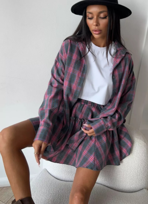 Casual Plaid Lapel Loose Shirt Tie Waist Skirt Two-piece Set