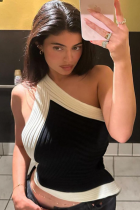 Black And White Contrast Color All-Match Splicing Off-Shoulder Women'S Bottoming Vest