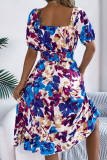 Casual Floral Square Neck Short Sleeve Tight Waist Ruffle Dress