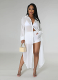 Sexy See-through Solid Color Chiffon Long Shirt and Shorts Beach Two-piece Suit