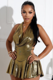 Metallic Fashion V-neck Tight Pleated Short Skirt Sexy Backless Strap Dress
