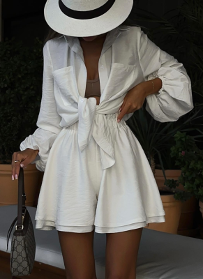 2025 Spring and Summer New Temperament Solid Color Puff Sleeve Shirt Wide Leg Shorts Set