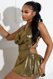 Metallic Fashion V-neck Tight Pleated Short Skirt Sexy Backless Strap Dress