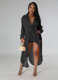 Sexy See-through Solid Color Chiffon Long Shirt and Shorts Beach Two-piece Suit