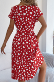 Spring And Summer Casual Contrast Color Heart Short Sleeve Waist Pleated Dress