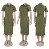 Casual Multi-Pocket Workwear Drawstring Pocket Dress