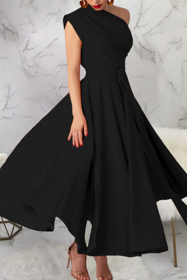 Fashionable Women'S Sleeveless Oblique Collar Solid Color Large Swing Dress
