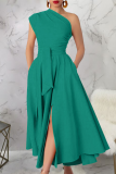Fashionable Women'S Sleeveless Oblique Collar Solid Color Large Swing Dress