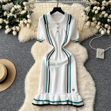 French Retro Lapel Contrast Color Waist Slim Ruffle Sweater Dress