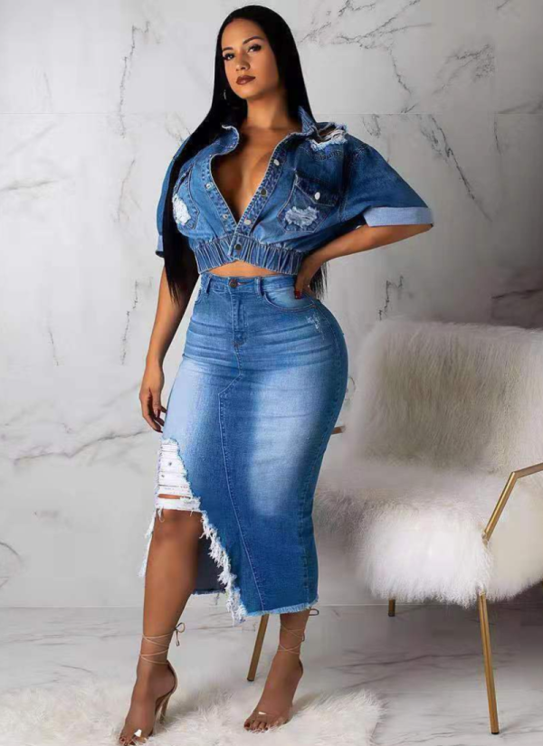 Sexy Fashion Frosted Washed Denim Skirt Set