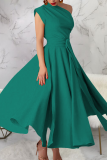 Fashionable Women'S Sleeveless Oblique Collar Solid Color Large Swing Dress