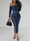 Fashionable Mesh Denim Stitching See-through Tube Top Dress Two-piece Set