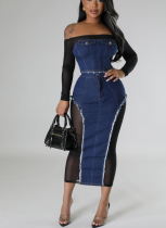 Fashionable Mesh Denim Stitching See-through Tube Top Dress Two-piece Set