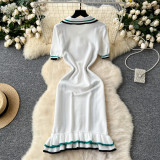 French Retro Lapel Contrast Color Waist Slim Ruffle Sweater Dress