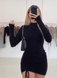 New High Collar Purple Long Sleeve Pleated Lace Dress