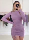 New High Collar Purple Long Sleeve Pleated Lace Dress