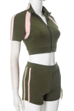 Sports High Collar Stitching Zipper Tight Contrast Color Top Shorts Two-Piece Set