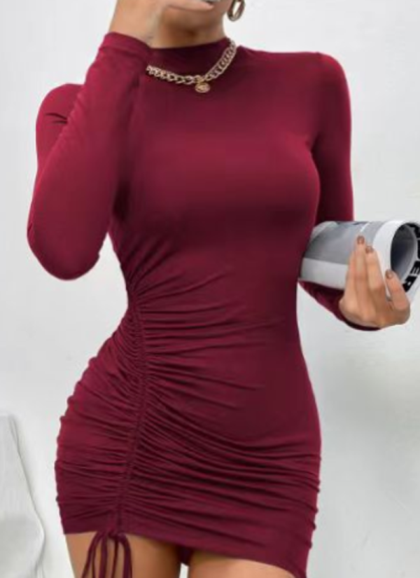 New High Collar Purple Long Sleeve Pleated Lace Dress
