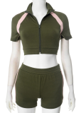 Sports High Collar Stitching Zipper Tight Contrast Color Top Shorts Two-Piece Set
