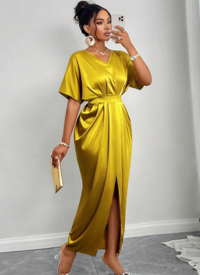 Elegant V-neck Short-sleeved High-waisted One-step Slit Dress