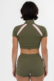 Sports High Collar Stitching Zipper Tight Contrast Color Top Shorts Two-Piece Set
