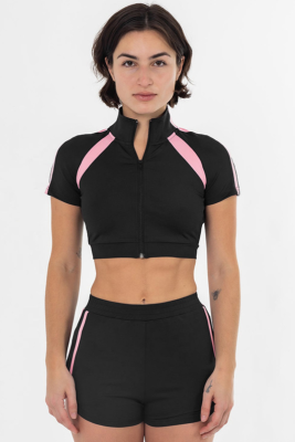 Sports High Collar Stitching Zipper Tight Contrast Color Top Shorts Two-Piece Set