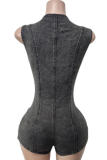 Black Distressed Slim-Fit Stretch Jumpsuit Shorts