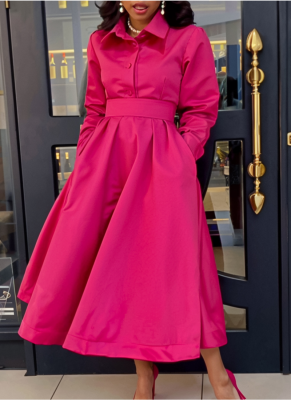 New Style Solid Color Lapel Long Sleeve A-line Dress