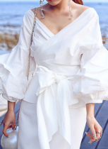 Sexy Cross Strap Puff Sleeve V-Neck Shirt Top
