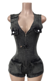 Black Distressed Slim-Fit Stretch Jumpsuit Shorts