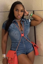 Blue Washed Stretch Denim Jumpsuit Shorts