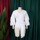 Sexy Cross Strap Puff Sleeve V-Neck Shirt Top