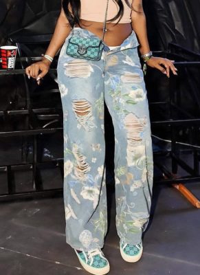 New Floral Graffiti Print Ripped High Waist Loose Straight Jeans