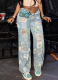 New Floral Graffiti Print Ripped High Waist Loose Straight Jeans