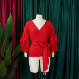Sexy Cross Strap Puff Sleeve V-Neck Shirt Top