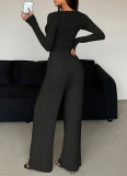 Casual Button-down Slid Color Tight Top and Long Pants Two-piece Set