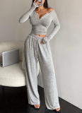 Casual Button-down Slid Color Tight Top and Long Pants Two-piece Set