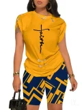 Casual Commuter Pants Round Neck Pin Short Sleeve Set