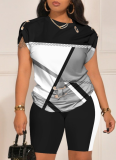 Casual Commuter Pants Round Neck Pin Short Sleeve Set