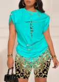 Casual Commuter Pants Round Neck Pin Short Sleeve Set