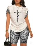 Casual Commuter Pants Round Neck Pin Short Sleeve Set