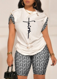 Casual Commuter Pants Round Neck Pin Short Sleeve Set