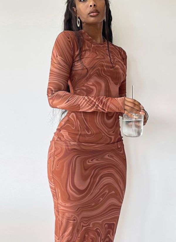 Tight Round Neck Long Sleeve Printed Hip Dress