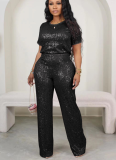 New Sequin Solid Color Short-sleeved Trousers Two-piece Suit