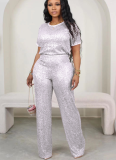 New Sequin Solid Color Short-sleeved Trousers Two-piece Suit
