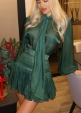 Fashion Bow Tie Top High Waist Shirred Skirt Set