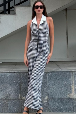 Sexy Backless Hollow Loose Shirt Collar Zipper Plaid Jumpsuit