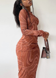 Tight Round Neck Long Sleeve Printed Hip Dress